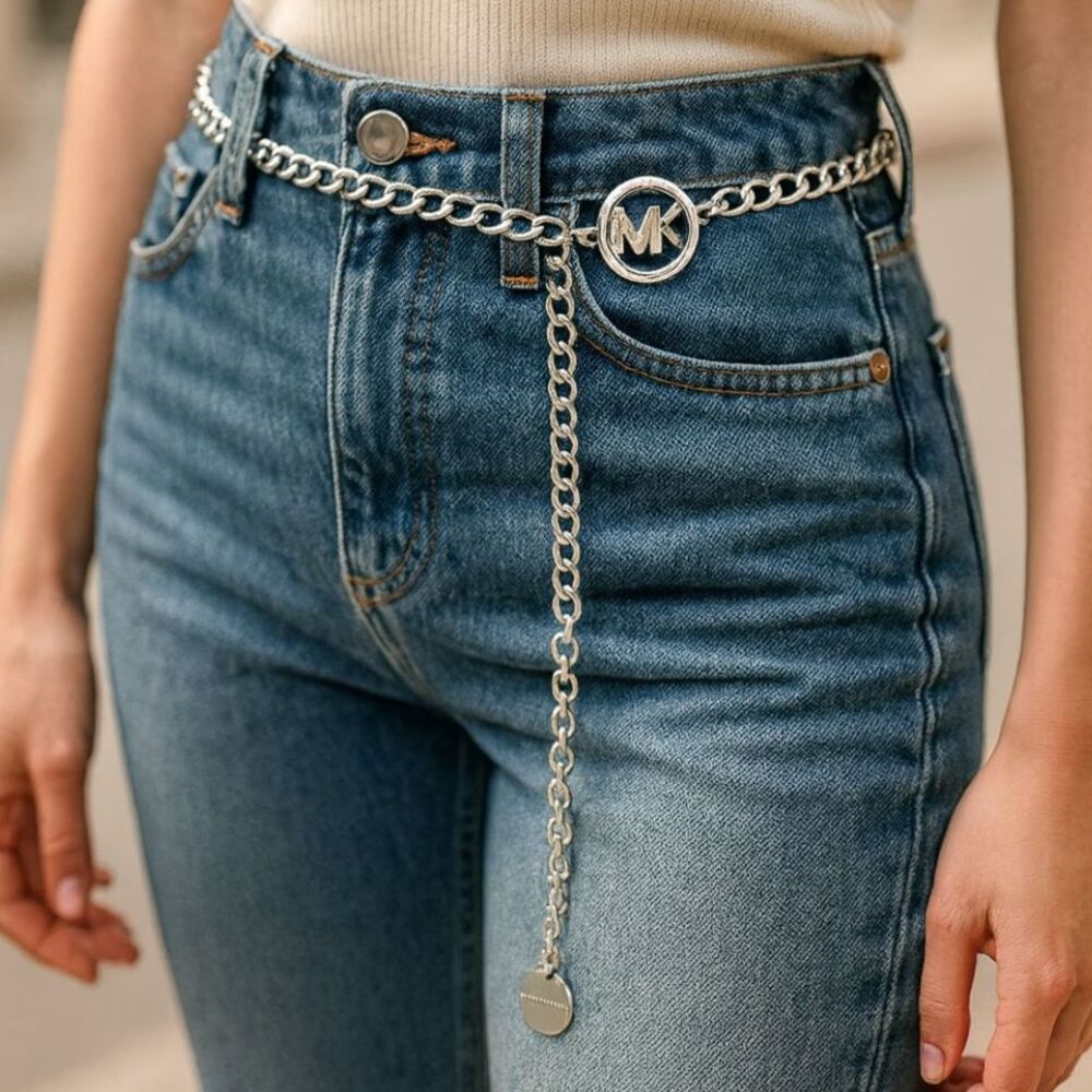 Michael Kors Crystal MK Logo Chain Belt – Silver, L/XL (Women’s)